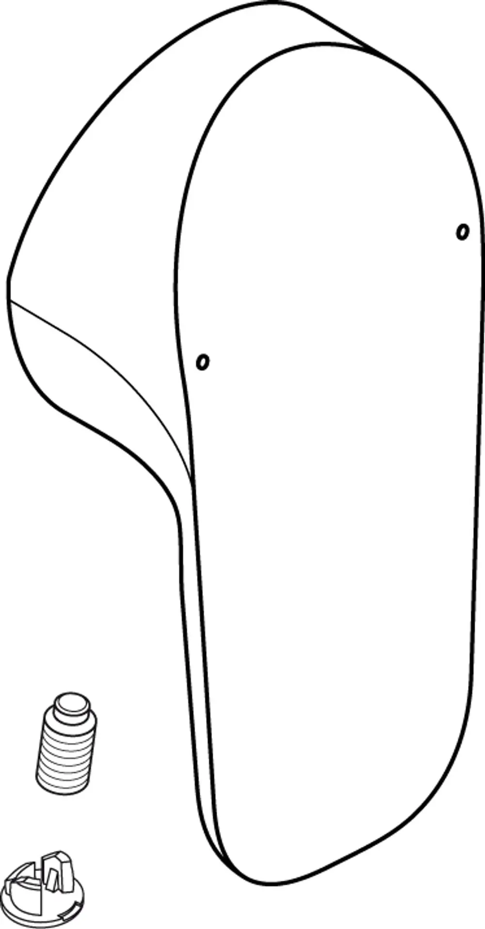 Griff von Ideal Standard mit einer glatten Oberfläche, abgerundeten Kanten und zwei Bohrlöchern zur Befestigung, daneben eine Schraube und eine Unterlegscheibe.